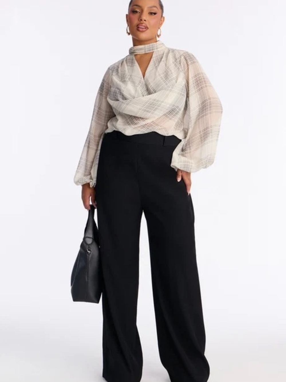 Woven Plaid Chiffon Blouse and Wide-Leg Pants Outfit - Cream Top, Black Pants